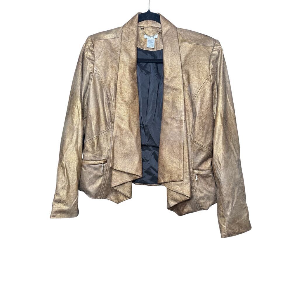 CACHE Metallic Bronze Faux Leather Drape Front Jacket Size 4- Open Blazer